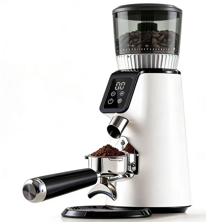 A modern electric coffee grinder with a white body, black digital display, clear bean hopper filled with coffee beans, and a metal portafilter holding ground coffee, shown on a clean white background.